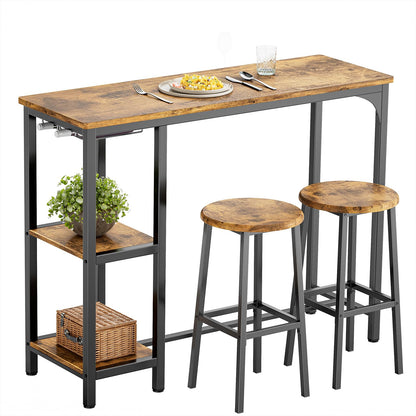 Bealife Bartisch mit Barhocker-Set 2 Pers. – Retro. Set in dunkler Holzoptik & Metall zum Essen in Küche/Essbereich.