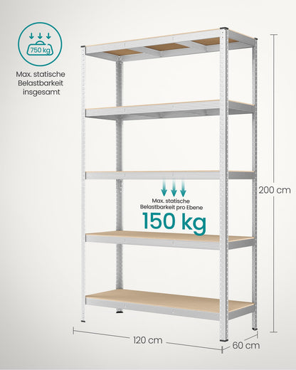 SONGMICS Schwerlastregal GLR060E01, Stahl, 60 x 120 x 200 cm, silbern