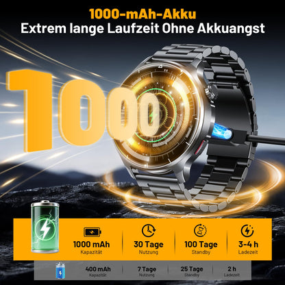 SLOKSFil I136 Smartwatch Herren, 1,52" HD-Touchscreen, Schwarzstahl