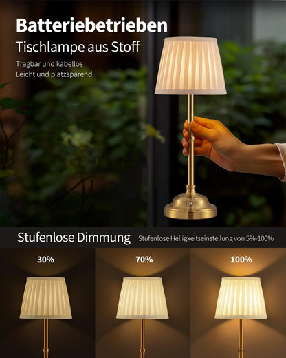 VISDANFO LED Tischlampe kabellos dimmbar, Akku Nachttischlampe gold