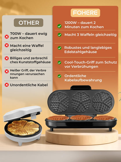 FOHERE Herzwaffeleisen King Size für 15 Herzwaffeln, Edelstahl