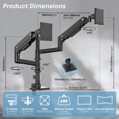 PUTORSEN Gasfeder Dual Monitor Tischhalterung - 17-49 Zoll