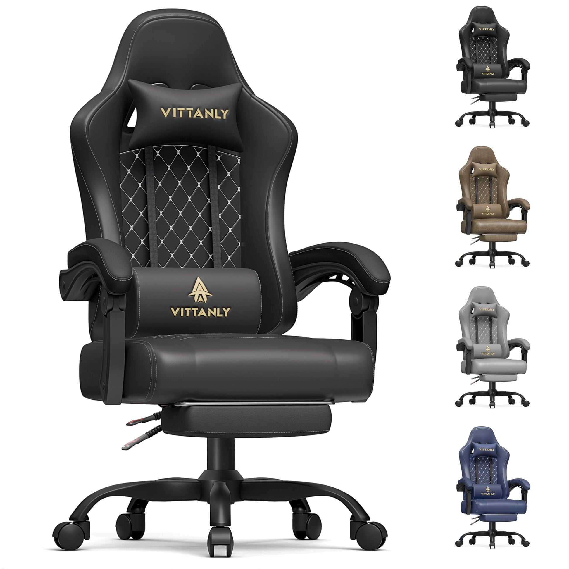 Vittanly Gaming Stuhl mit Taschenfederkissen und Fussstütze, Schwarz, hohe Rückenlehne und Kopfkissen