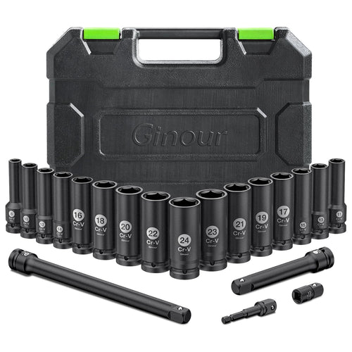 Ginour Schlagschrauber-Nüsse-Set 1/2 Zoll 8-24 mm 20-teilig im sortierten Aufbewahrungskoffer