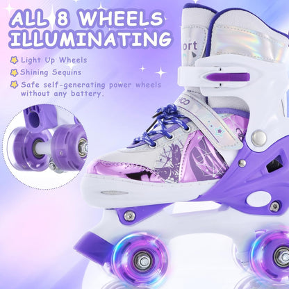 TOMSHOO Kinder-Rollschuhe, verstellbar, LED-Räder, Grösse M, Violett