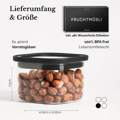 Greeano Vorratsgläser eckig mit Glasdeckel 400 ml 6er Set