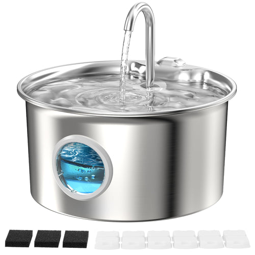 ATMZIQXR Katzenbrunnen Edelstahl S18-PRO, 2.6L Trinkbrunnen Katze mit Wasserstandsfenster und LED-Licht