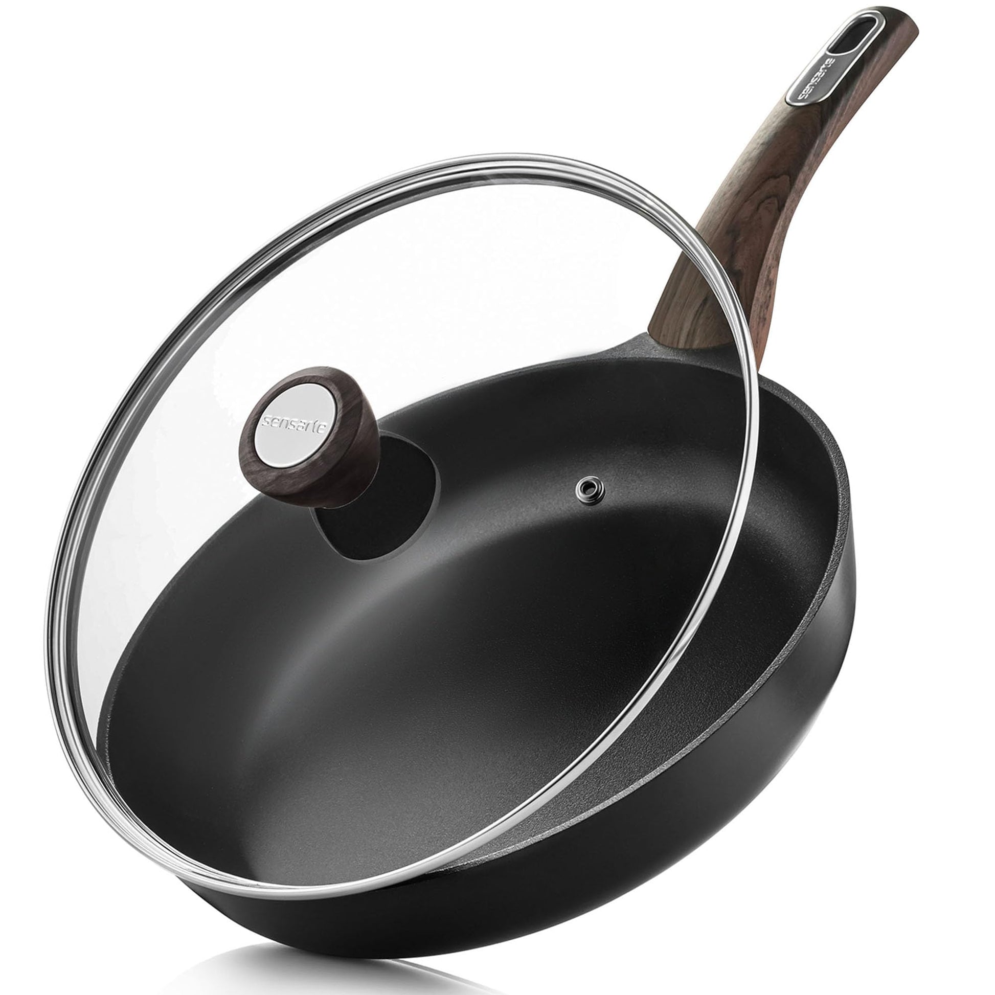 SENSARTE Antihaft-Bratpfanne 28 cm mit Glasdeckel, induktionsgeeignet, schwarz, aus Aluminiumguss