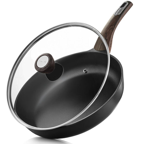 SENSARTE Antihaft-Bratpfanne 28 cm mit Glasdeckel, induktionsgeeignet, schwarz, aus Aluminiumguss