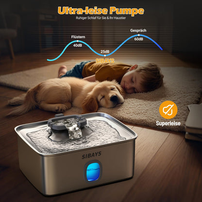 SIBAYS Trinkbrunnen 15L Edelstahl mit LED für Katzen und Hunde