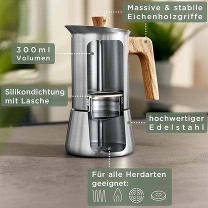 WALDWERK Espressokocher 300 ml, Edelstahl mit Eichenholzgriff