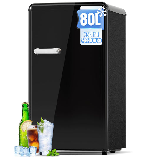 TRIUMPHKEY Retro 80L Mini-Kühlschrank mit Gefrierfach – schwarz. Kühlt und gefriert Lebensmittel sowie Getränke.