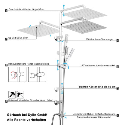 Görbach Regenduschset Edelstahl Chrom – Eckig 30x30cm ohne Armatur