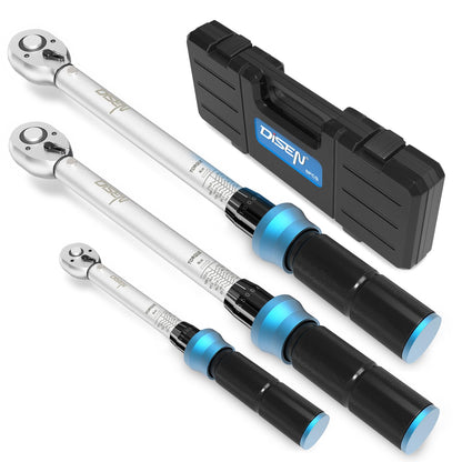 DISEN Drehmomentschlüssel Set 3-tlg. Drei Schlüssel mit 1/2", 3/8", 1/4" Antrieben zum präzisen Anziehen von Schrauben am Auto.