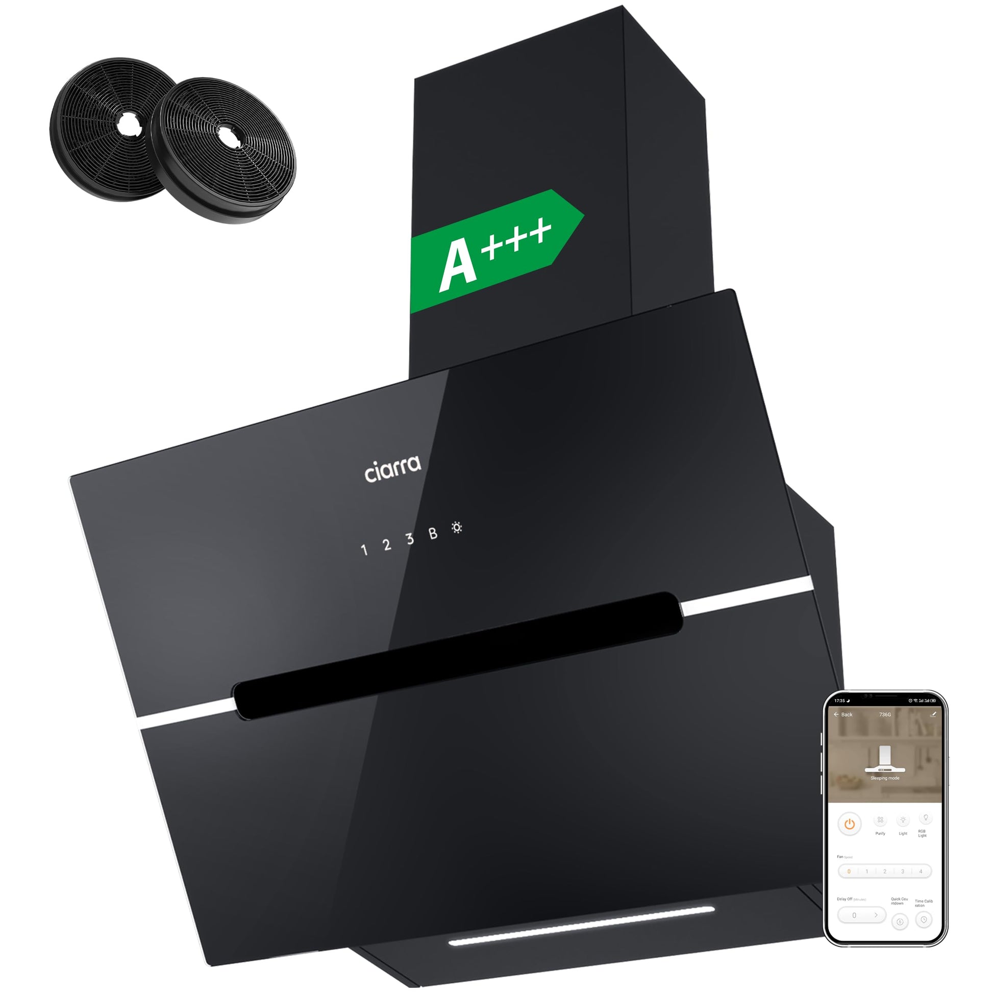 CIARRA CBCB6736F Kopffreie Schräghaube Umluft 60cm Schwarz. Schwarze, schräge Haube für Dunstabzug über dem Kochfeld.