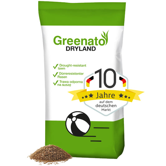 Greenato Dryland trockenresistente Rasensamen - 20kg. Großer grüner Sack mit Rasensamen zur Anlage eines trockenresistenten Rasens.