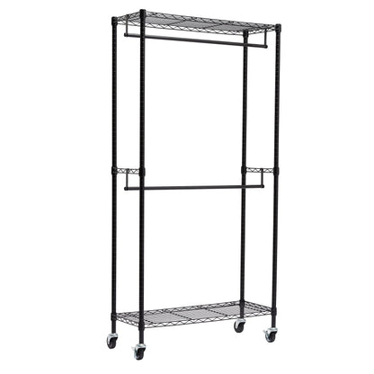 Amazon Basics Doppel-Kleiderständer mit Rollen, 181 kg, schwarz, Metallgestell mit zwei Kleiderstangen