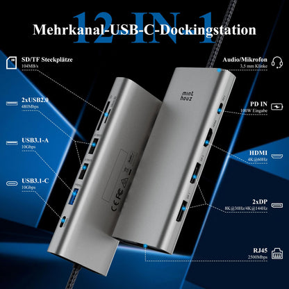 Minthouz USB C Docking Station 12-in-1 Triple Monitor Dual DP HDMI