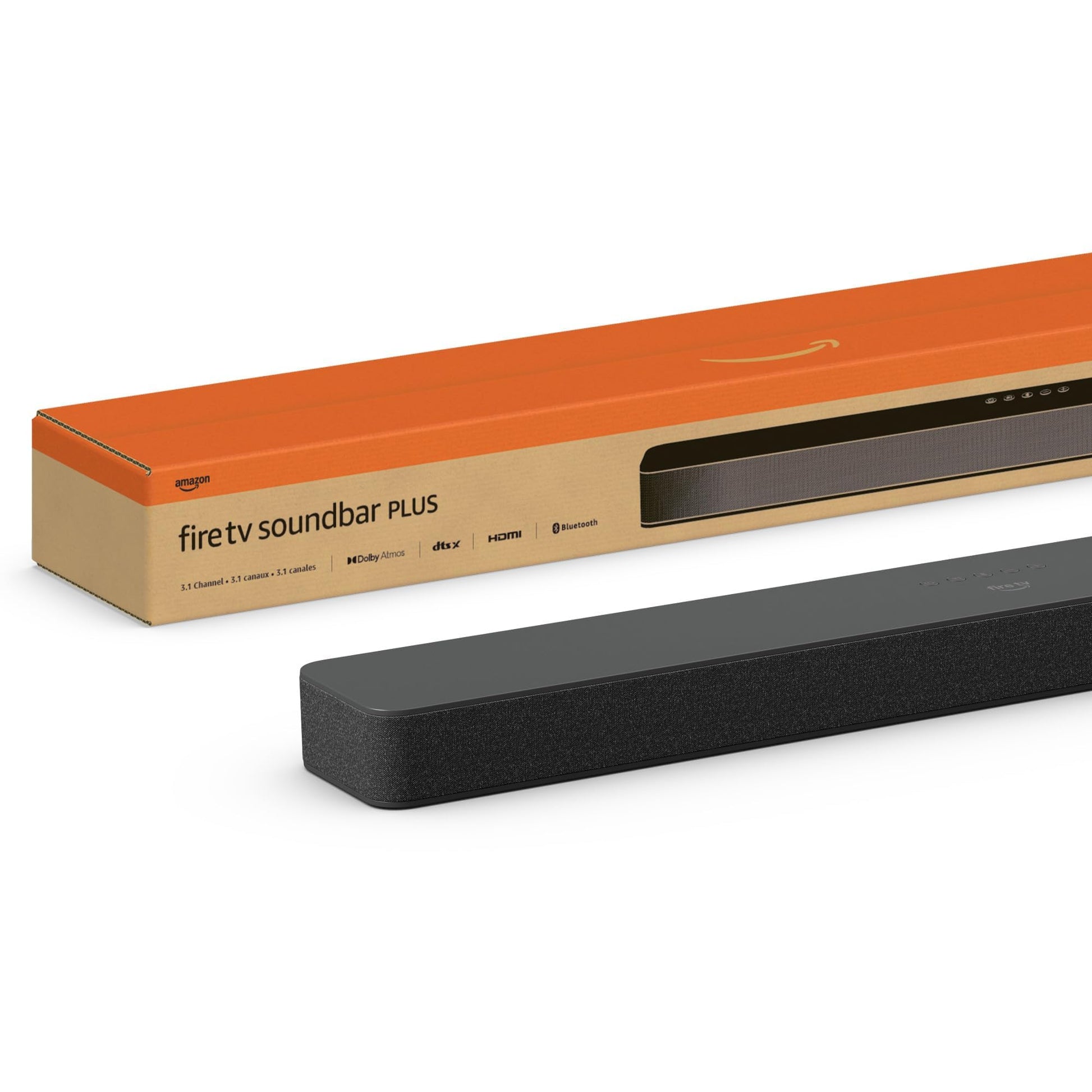 Amazon Fire TV-Soundbar Plus – 2024 Modell 3.1-Kanal. Rechteckige, schwarze Soundbar für verbessertes TV-Audioerlebnis mit integriertem Fire TV.