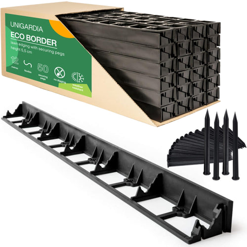 UNIGARDIA ECO Rasenkante Kunststoff 12 m, Höhe 55 mm, 50 Erdanker – flexible Beeteinfassung