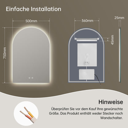 OUMUSU Badspiegel mit Beleuchtung Bogen 50x75 cm, beschlagfrei