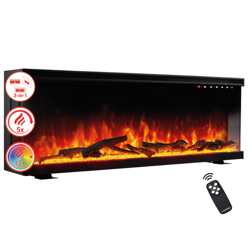 KAMINIO LEA 3-in-1 Elektrokamin Panoramablick - 42 Zoll. Ein 42-Zoll breiter Elektrokamin für Panoramablick. Er bietet Heizfunktion und Flammenillusion.