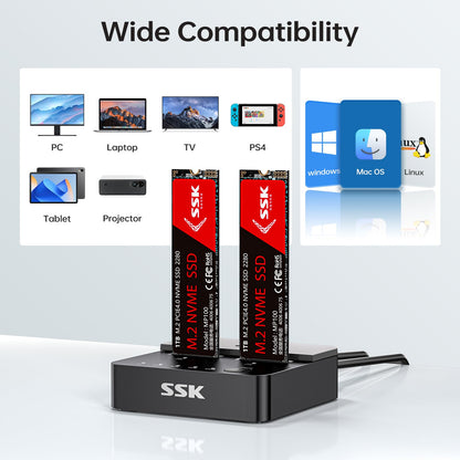 SSK Festplatten Docking Station Dual Bay NVMe M.2 SSD 20Gbps
