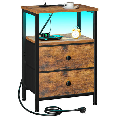 AMHANCIBLE Nachttisch mit LED, Ladestation und 2 Stoffschubladen aus Holz mit offenem Fach
