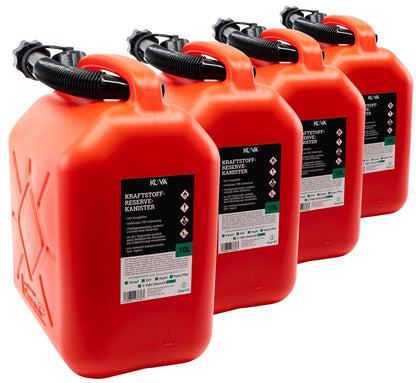 KOVA Benzinkanister 10 Liter mit Ausgiesser 4er-Set rot