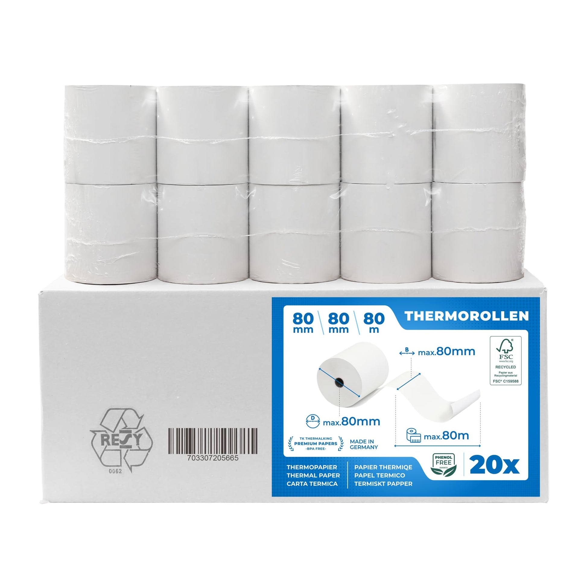 THERMALKING Thermorollen 80x80x12 mm für Bondrucker, 20 Stück, weisse Thermopapierrollen