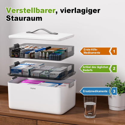 MOPUP Medikamentenbox mit Tragegriff, 4 Ebenen, 34 x 22 x 25.5 cm