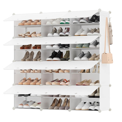 SONGMICS Schuhregal mit 12 Fächern für 48 Paar Schuhe, weiss – Kunststoff-Steckregal mit Klapptüren