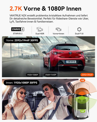 VANTRUE N2X Dual Dashcam Auto vorne innen, 2.7K+1080P HDR, GPS, WiFi