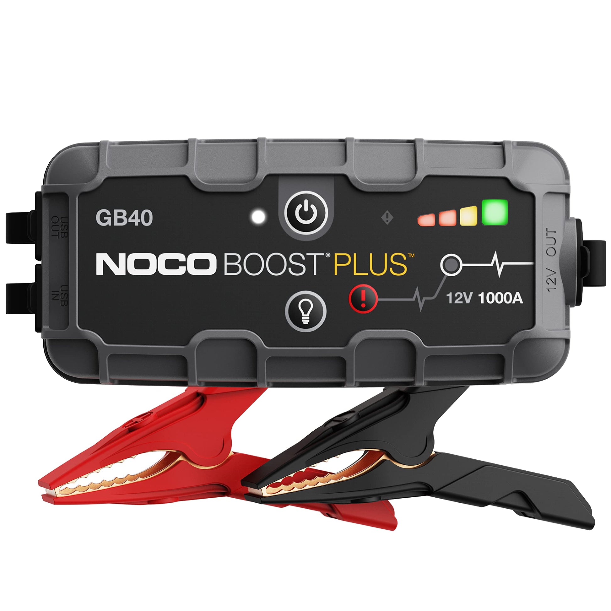 NOCO Boost GB40 Tragbares Lithium Starthilfegerät - 1000A, schwarzes, rechteckiges Gerät zur Starthilfe für 12V-Fahrzeuge.