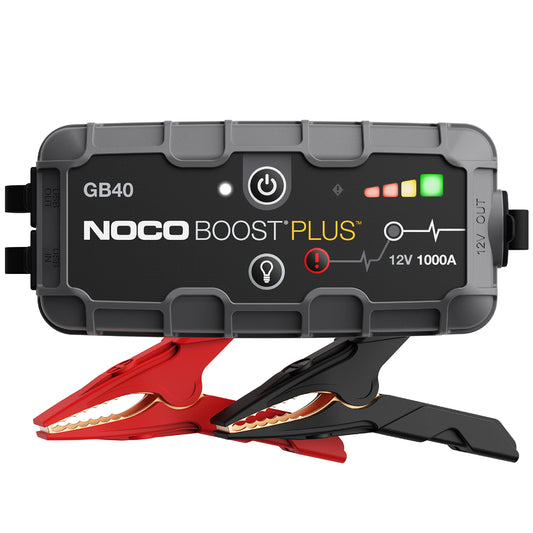 NOCO Boost GB40 Tragbares Lithium Starthilfegerät - 1000A, schwarzes, rechteckiges Gerät zur Starthilfe für 12V-Fahrzeuge.