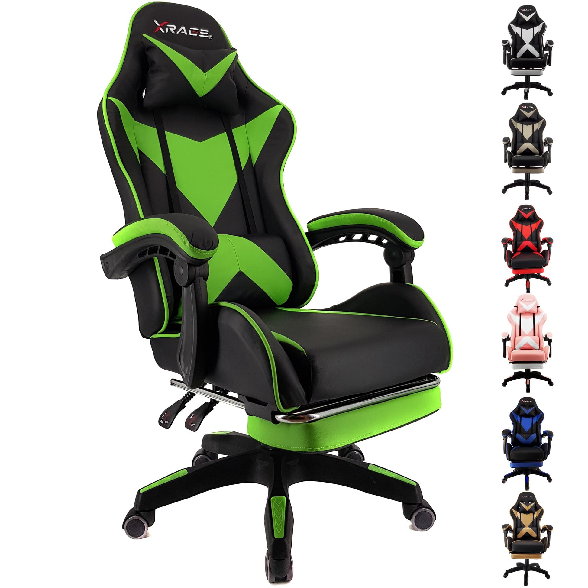 xRace Gaming Stuhl Ergonomischer Bürostuhl - Grün. Grüner Stuhl mit hoher Rückenlehne, Armlehnen und Rollenfußkreuz für ergonomisches Gaming & Büro.