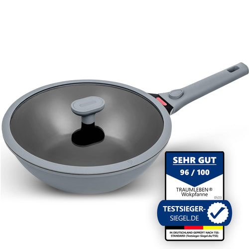 TRAUMLEBEN Wokpfanne Antihaft mit Deckel 28 cm Induktion Grau. Tiefe, runde, graue Wokpfanne mit Antihaft-Oberfläche & Deckel zum Braten & Dünsten.