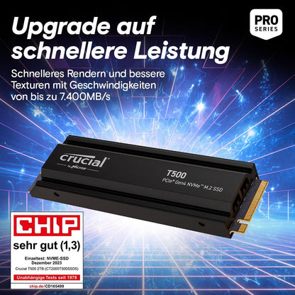 Crucial T500 SSD 2TB PCIe Gen4 NVMe M.2 mit Kühlkörper