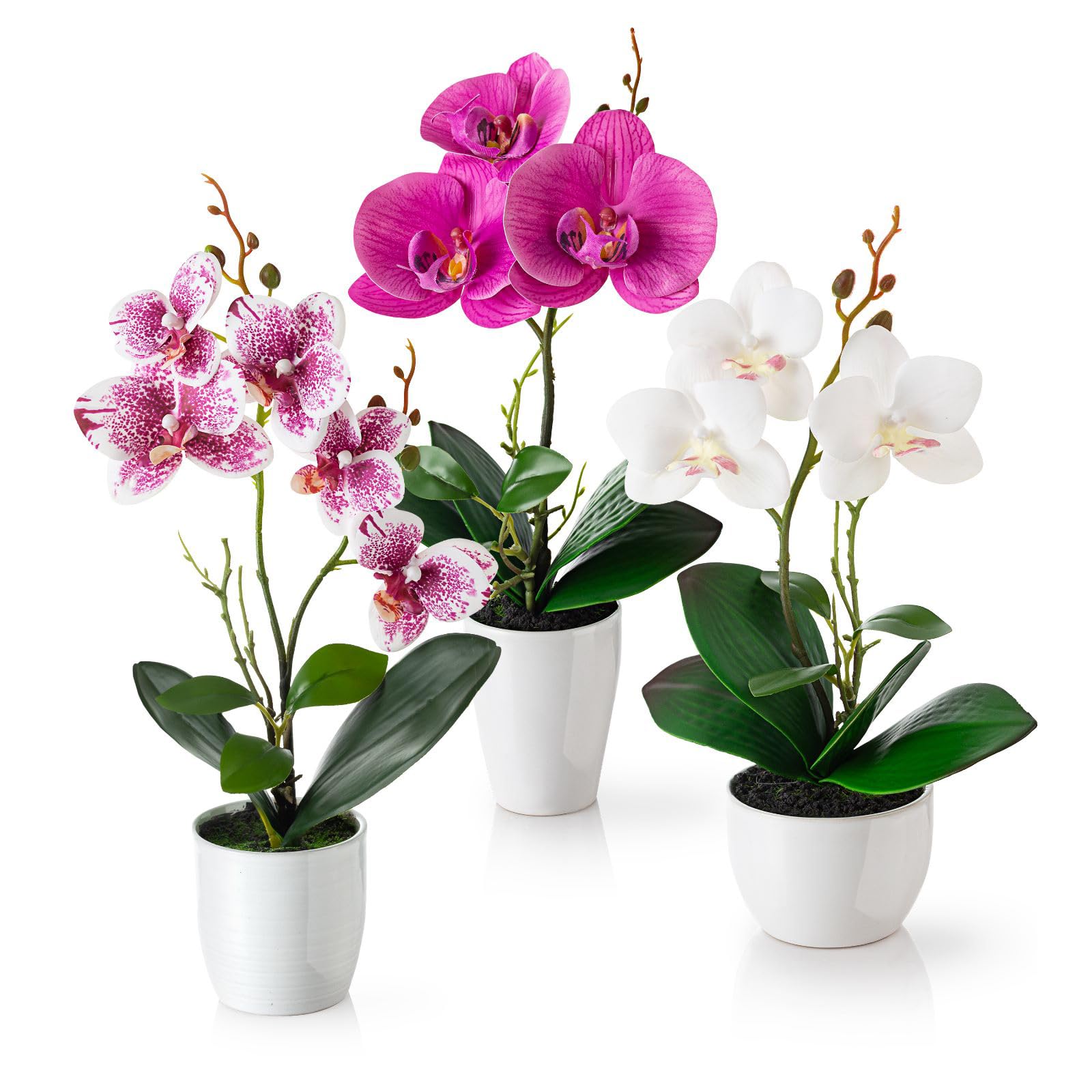 PASCH Kunstblumen im Topf, 3er Set künstliche Orchideen, Weiss-Rosé – Hochglanz-Keramik, 35 cm hoch
