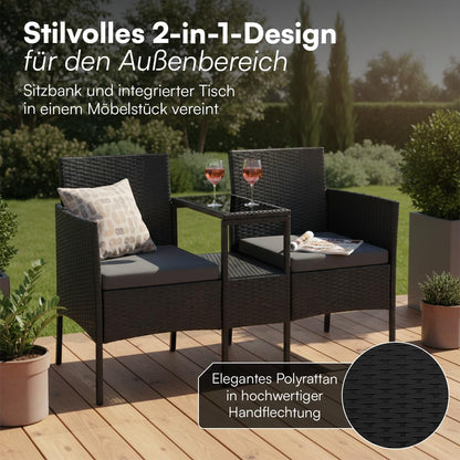 STEELSØN Velara Gartenbank mit Tisch, 2-Sitzer, Polyrattan, schwarz