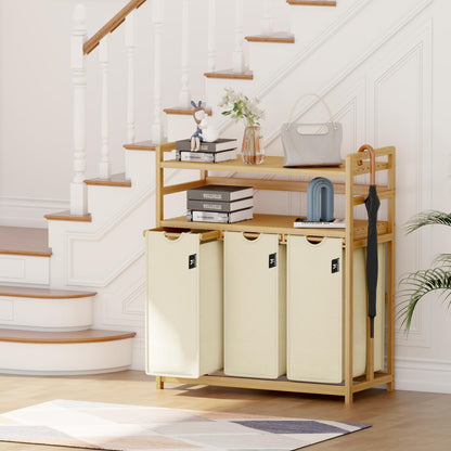 AdelDream Wäschesortierer 150 l mit 3 Fächern, Bambusrahmen, Beige