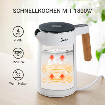 Midea Edelstahl Wasserkocher mit Temperatureinstellung 1,5 L weiss