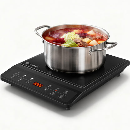 AMZCHEF Induktionskochfeld 1 Platte, 2000 W, Sensorsteuerung, Timer, schwarze Keramikplatte, kompaktes Design