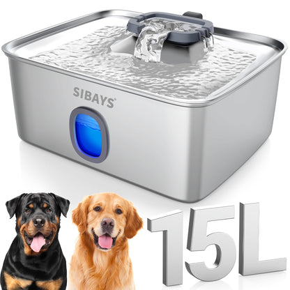 SIBAYS Trinkbrunnen 15L Edelstahl mit LED für Katzen und Hunde mit grossem Sichtfenster