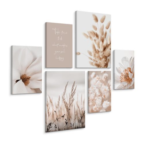 Muralo Wandbilder Set Boho Leinwand Beige 6-teilig 30x40 + 20x30 cm, beige Boho-Motive auf Leinwand