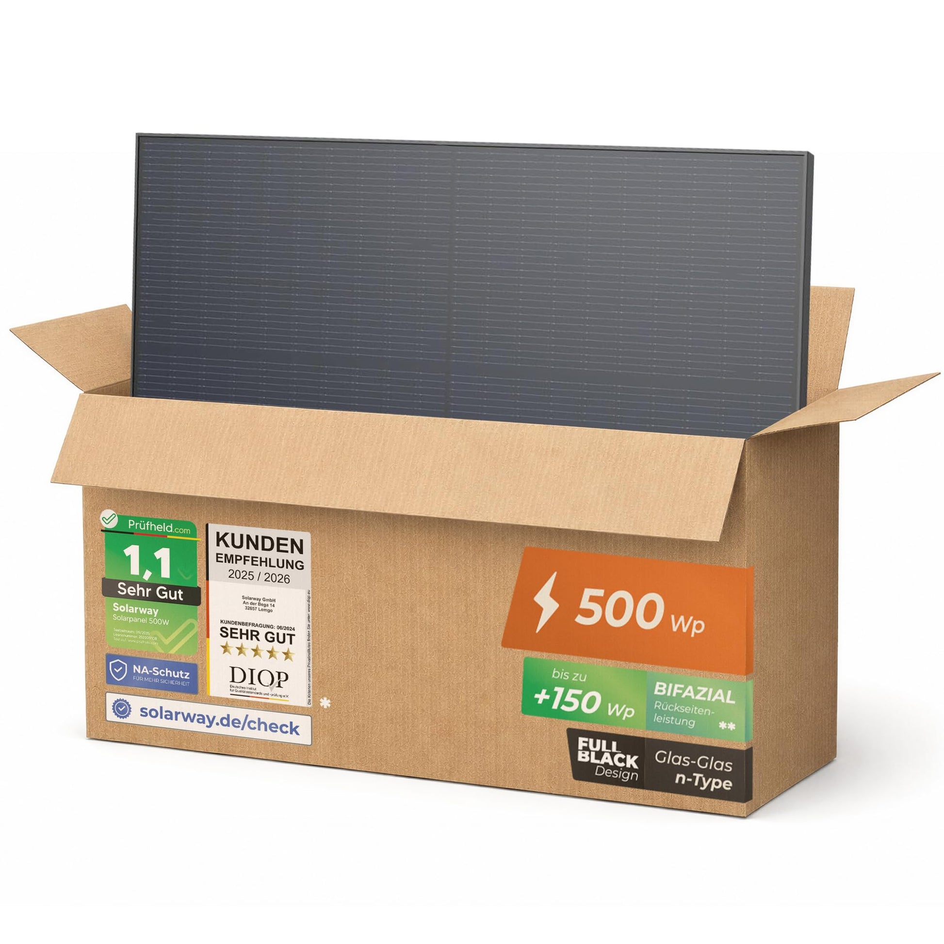 Solarway Solarpanel 500W Full Black bifazial Glas/Glas n-type – schwarzes Doppelglas-Modul zur Stromerzeugung
