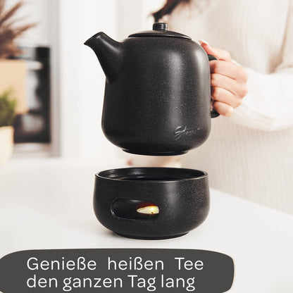 STEINZEIT Design Teekanne mit Stövchen 1.3L – Keramik Schwarz