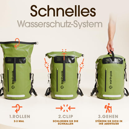 Earth Pak Summit wasserdichter Rucksack 35 L mit Rolltop, Grün