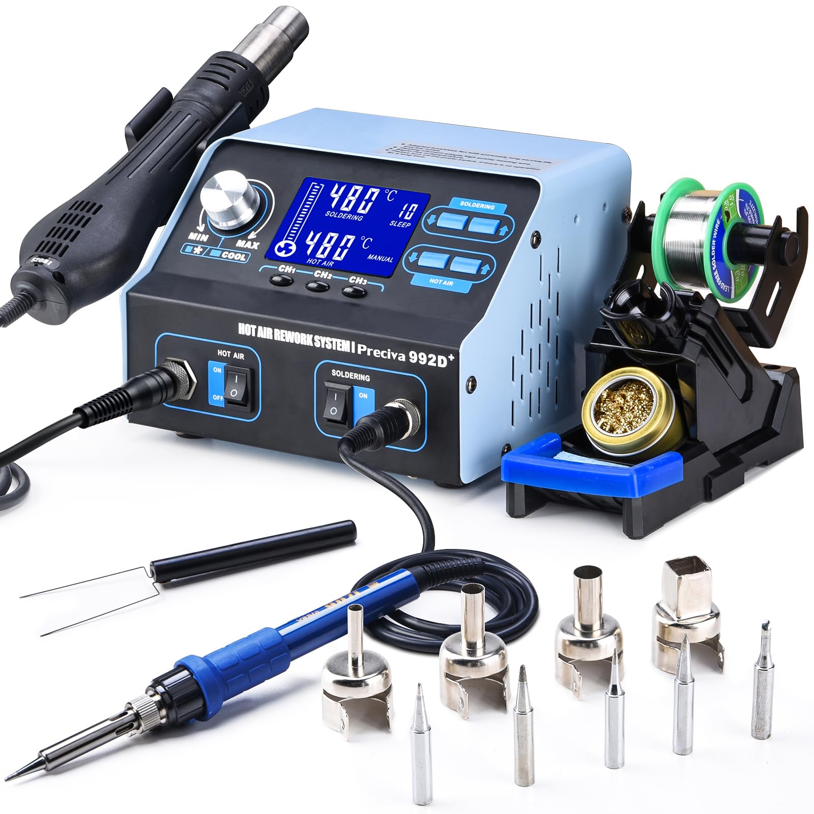 Preciva 992D+ Heissluft Lötstation - Mit Lötkolben & Entlötfunktion. Rechteckig, grau. Für Löten & Entlöten von SMD-Bauteilen.