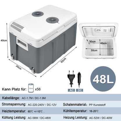 UISEBRT Elektrische Kühlbox 48 Liter mit Rollen, 12 V/220 V, grau